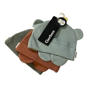 Gerber 0-6m Bear Ear Beanies & Mittens Set - Blue, Orange, Green*